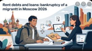 Иллюстрация на тему банкротства мигранта в Москве: документы, расчеты и символы правовой помощи